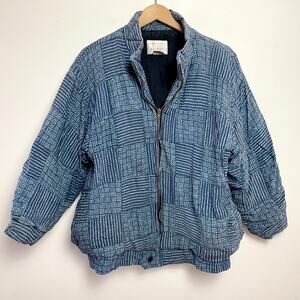 puffy jacket Vintage 90s Quilted Jacket Medium Indigo Blue Block Print Global